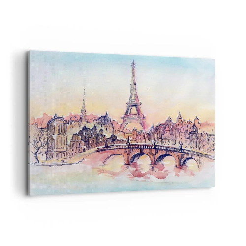 Cuadro sobre lienzo - Impresión de Imagen - Panorama de acuarela de París con la Torre Eiffel al atardecer - 100x70cm - Única en el mundo - Decoración de pared moderna para salón y dormitorio ARTTOR