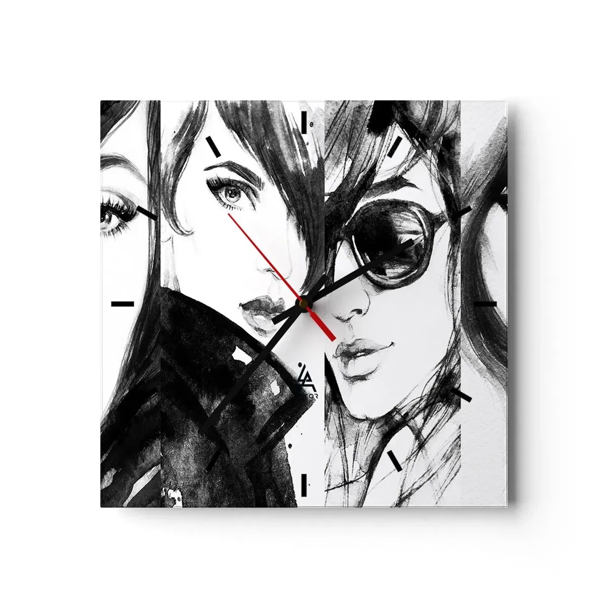 Reloj de pared - Reloj de vidrio - Retratos elegantes de mujeres en tonos monocromáticos. - 30x30cm - La belleza multiplicada - Decoración de pared moderna para salón y dormitorio ARTTOR