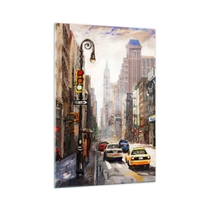Cuadro sobre vidrio - Impresiones sobre Vidrio - Paisaje urbano con una calle y taxis amarillos - 70x100cm - Nueva York - también colorida bajo la lluvia - Decoración de pared moderna para salón y dormitorio ARTTOR