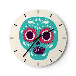 Reloj de pared - Reloj de vidrio - Calavera colorida de estilo mexicano sobre un fondo claro - 30x30cm - La vida: diversión hasta la muerte - Decoración de pared moderna para salón, cocina y dormitorio ARTTOR