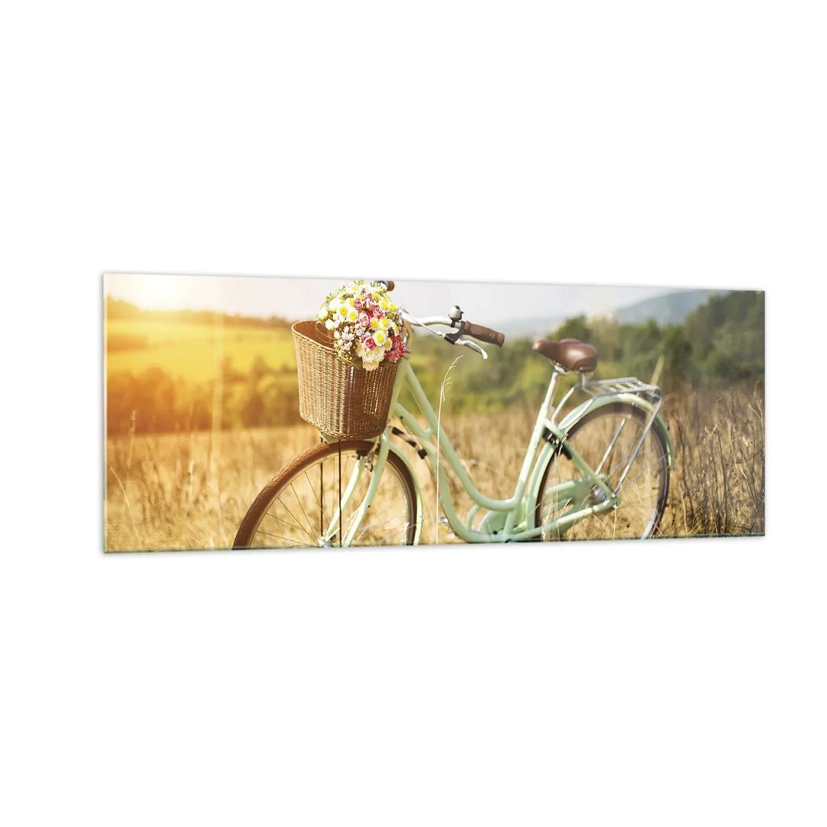 Cuadro sobre vidrio - Impresiones sobre Vidrio - Una bicicleta retro con una cesta llena de flores sobre un fondo de pradera. - 140x50cm - Me quedaré aquí un tiempo - Decoración de pared moderna para salón y dormitorio ARTTOR