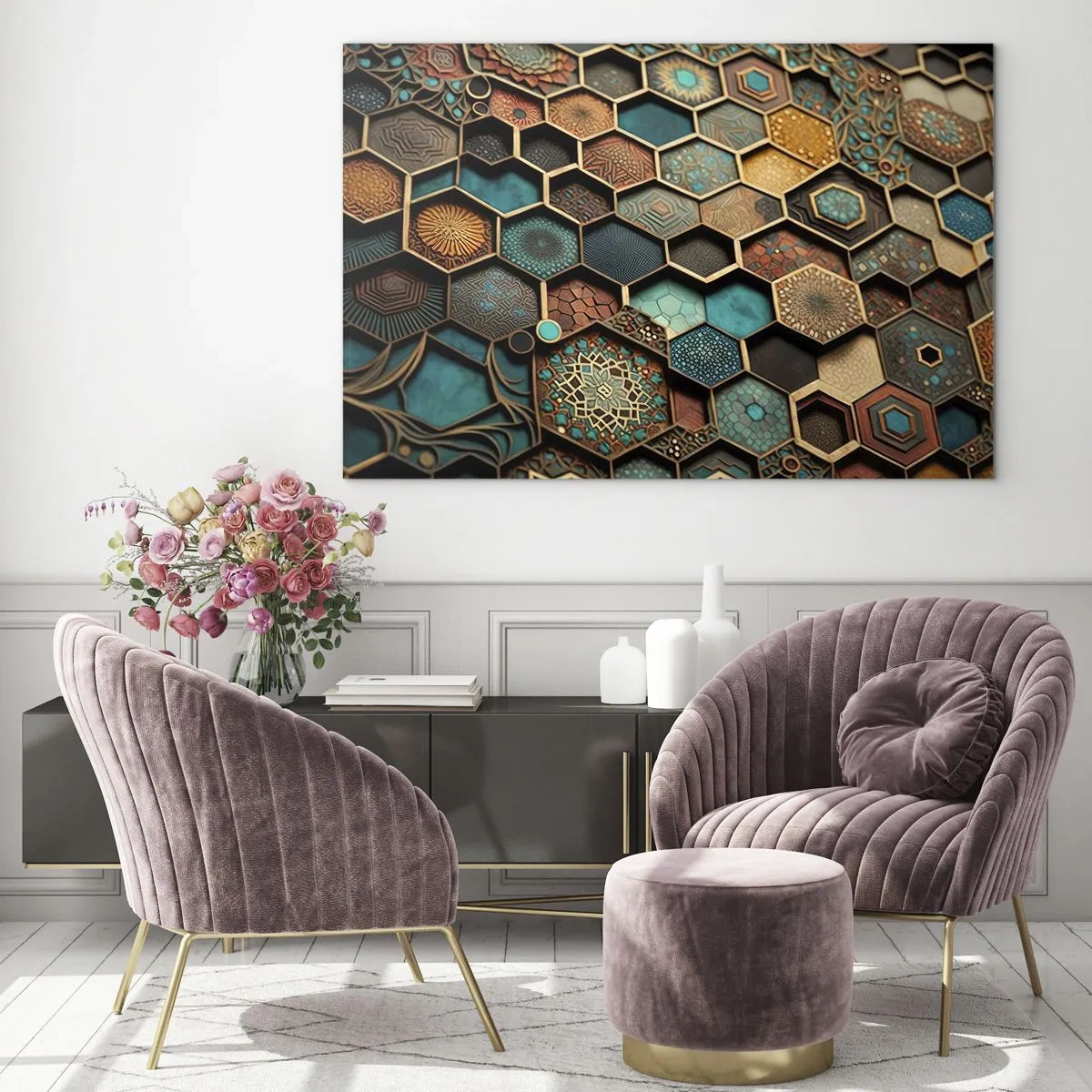 Cuadro sobre vidrio - Impresiones sobre Vidrio - Mosaico con patrones geométricos de estilo oriental. - 70x50cm - Ornamentos árabes - Decoración de pared moderna para salón y dormitorio ARTTOR