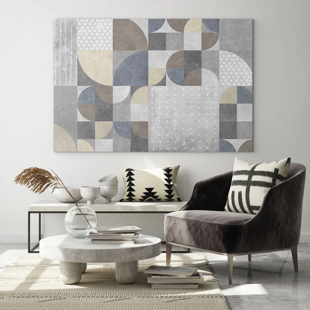 Cuadro sobre vidrio - Impresiones sobre Vidrio - Composición geométrica abstracta con diversas formas y tonalidades de gris. - 120x80cm - Fantasía cerámica - Decoración de pared moderna para salón y dormitorio ARTTOR