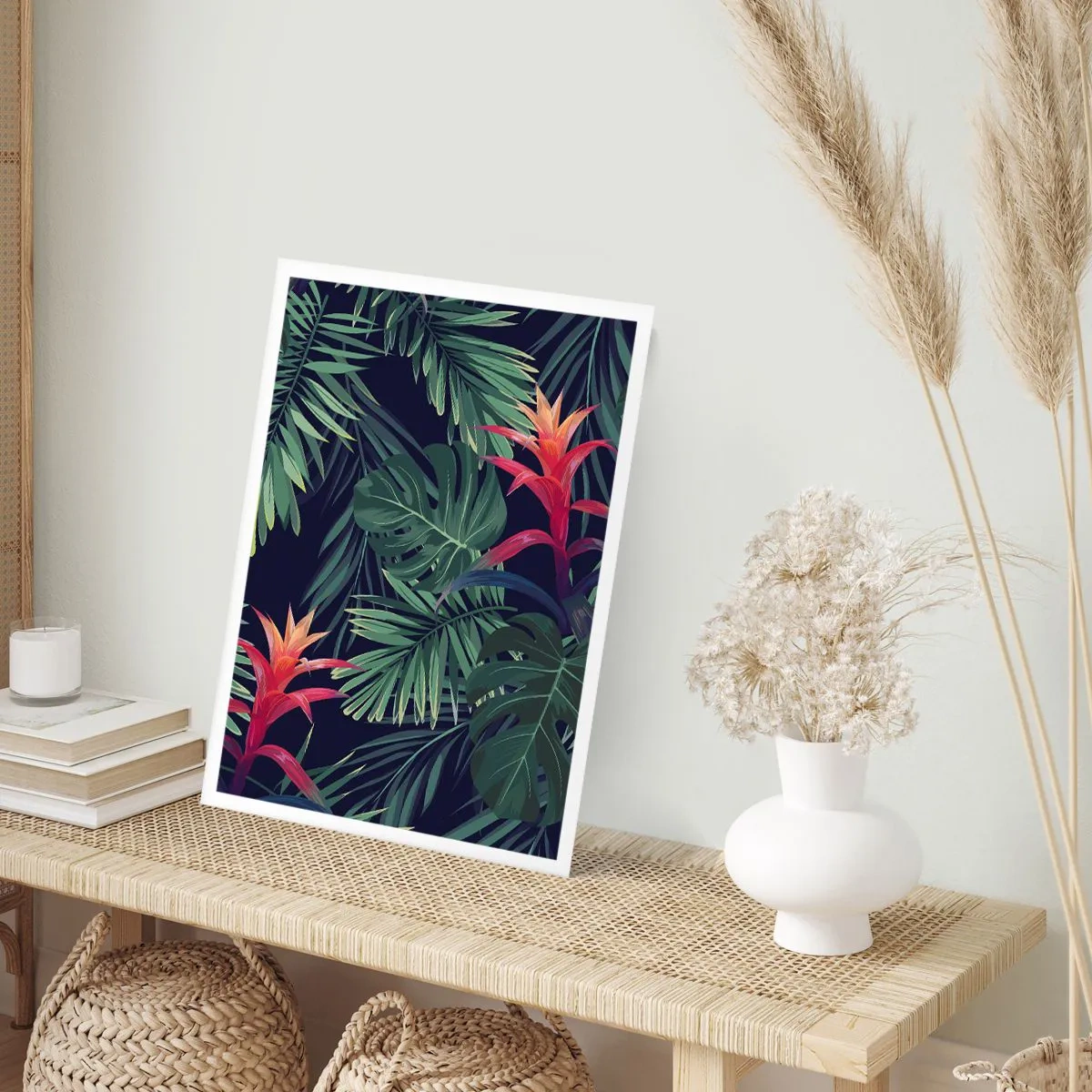 Póster - Hojas y flores tropicales sobre un fondo oscuro. - 50x70cm - Encender el color verde - Decoración de pared moderna para salón y dormitorio ARTTOR
