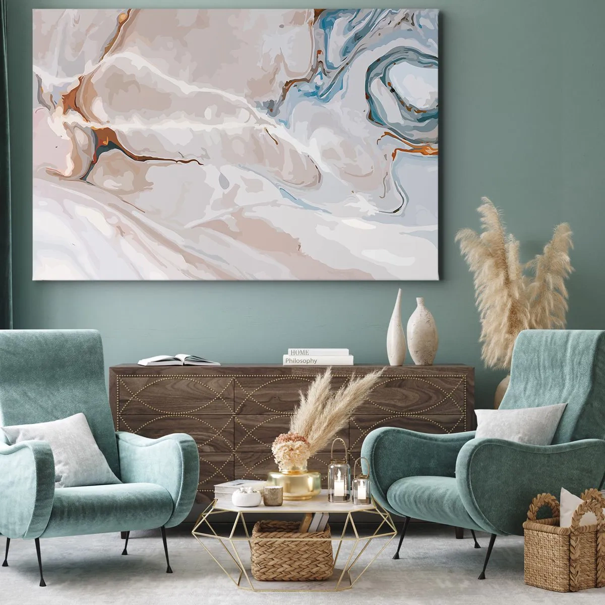 Cuadro sobre lienzo - Impresión de Imagen - Patrón abstracto en tonos de blanco y azul. - 70x50cm - El azul serpentea por el blanco - Decoración de pared moderna para salón y dormitorio ARTTOR