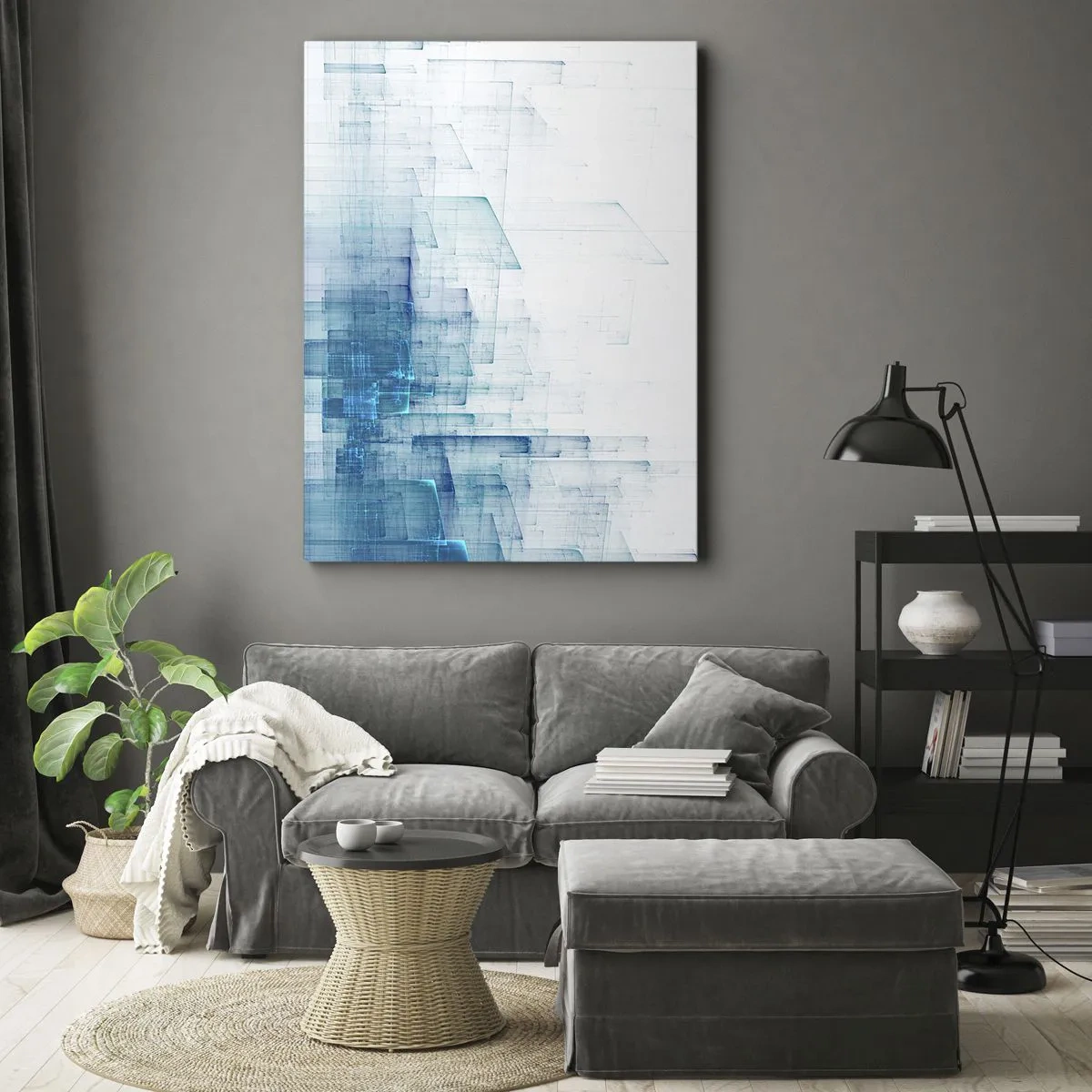 Cuadro sobre lienzo - Impresión de Imagen - Formas geométricas abstractas en tonos azules - 50x70cm - Cómo se hizo el espacio - Decoración de pared moderna para salón y dormitorio ARTTOR