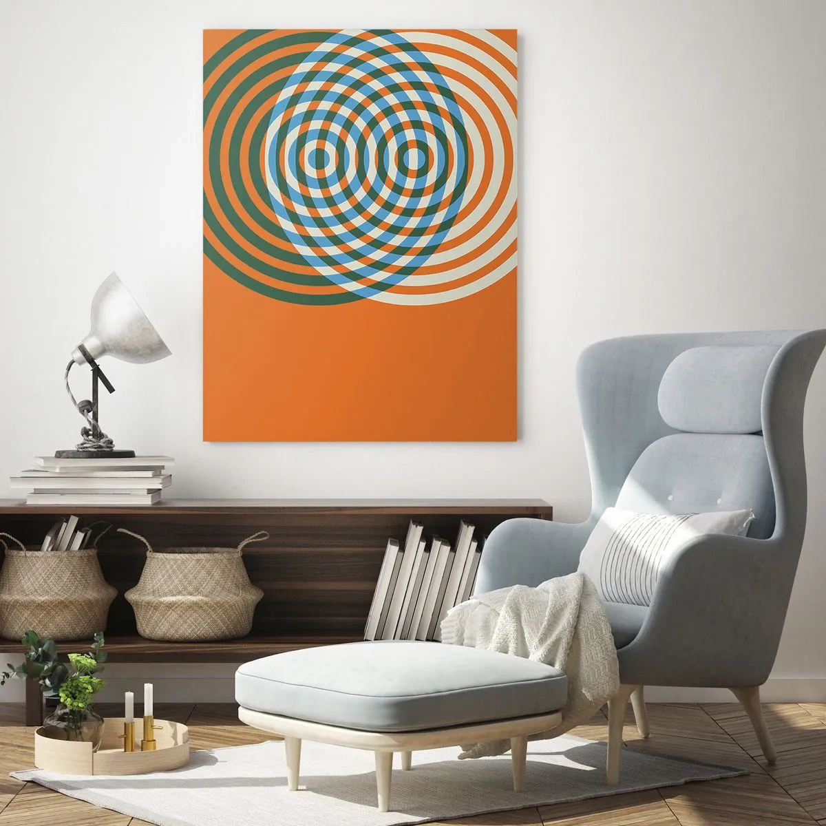 Cuadro sobre vidrio - Impresiones sobre Vidrio - Círculos concéntricos sobre un fondo naranja - 80x120cm - Círculos y abstracción - Decoración de pared moderna para salón y dormitorio ARTTOR