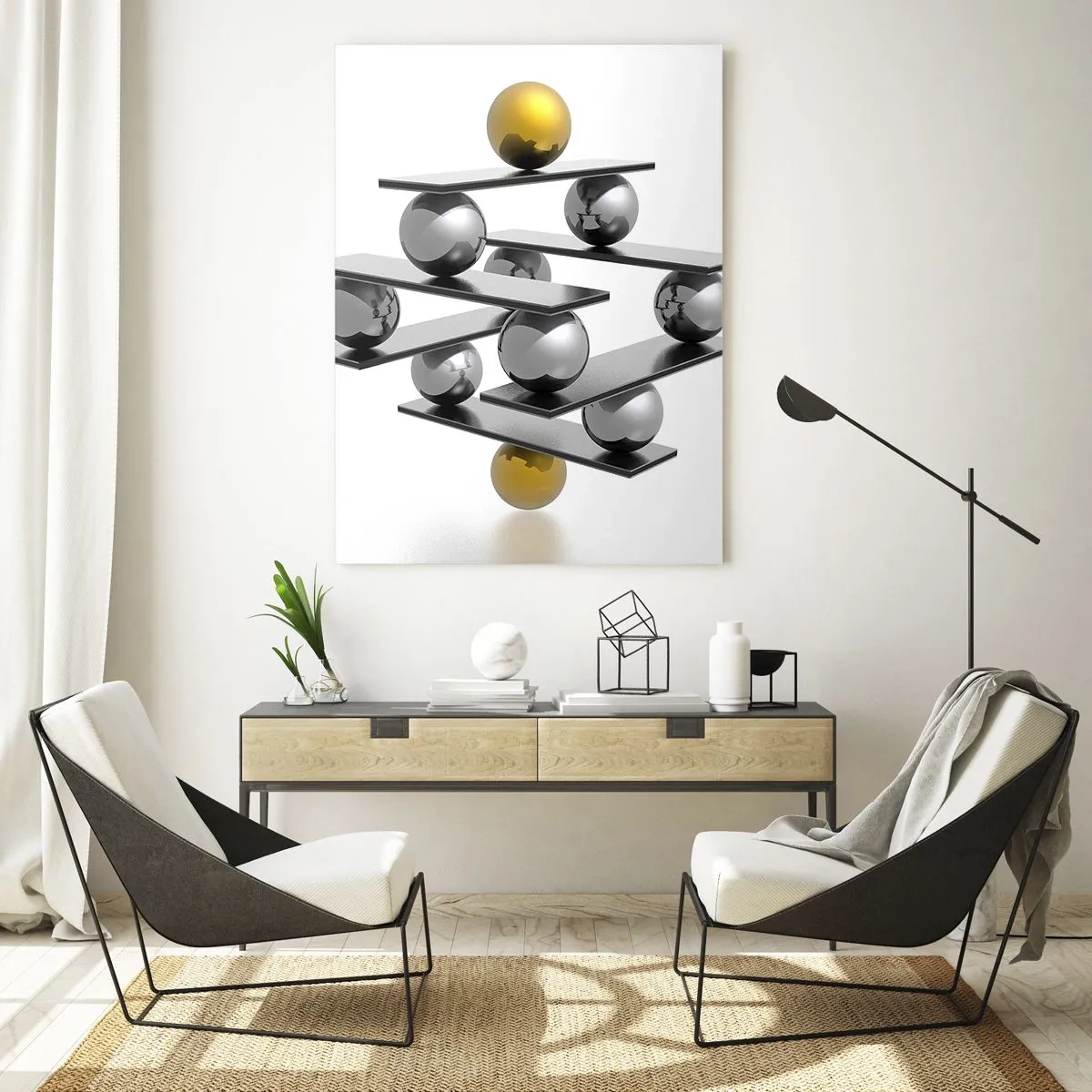 Cuadro sobre vidrio - Impresiones sobre Vidrio - Composición geométrica con bolas y plataformas sobre fondo blanco. - 50x70cm - Balance de oro y plata - Decoración de pared moderna para salón y dormitorio ARTTOR