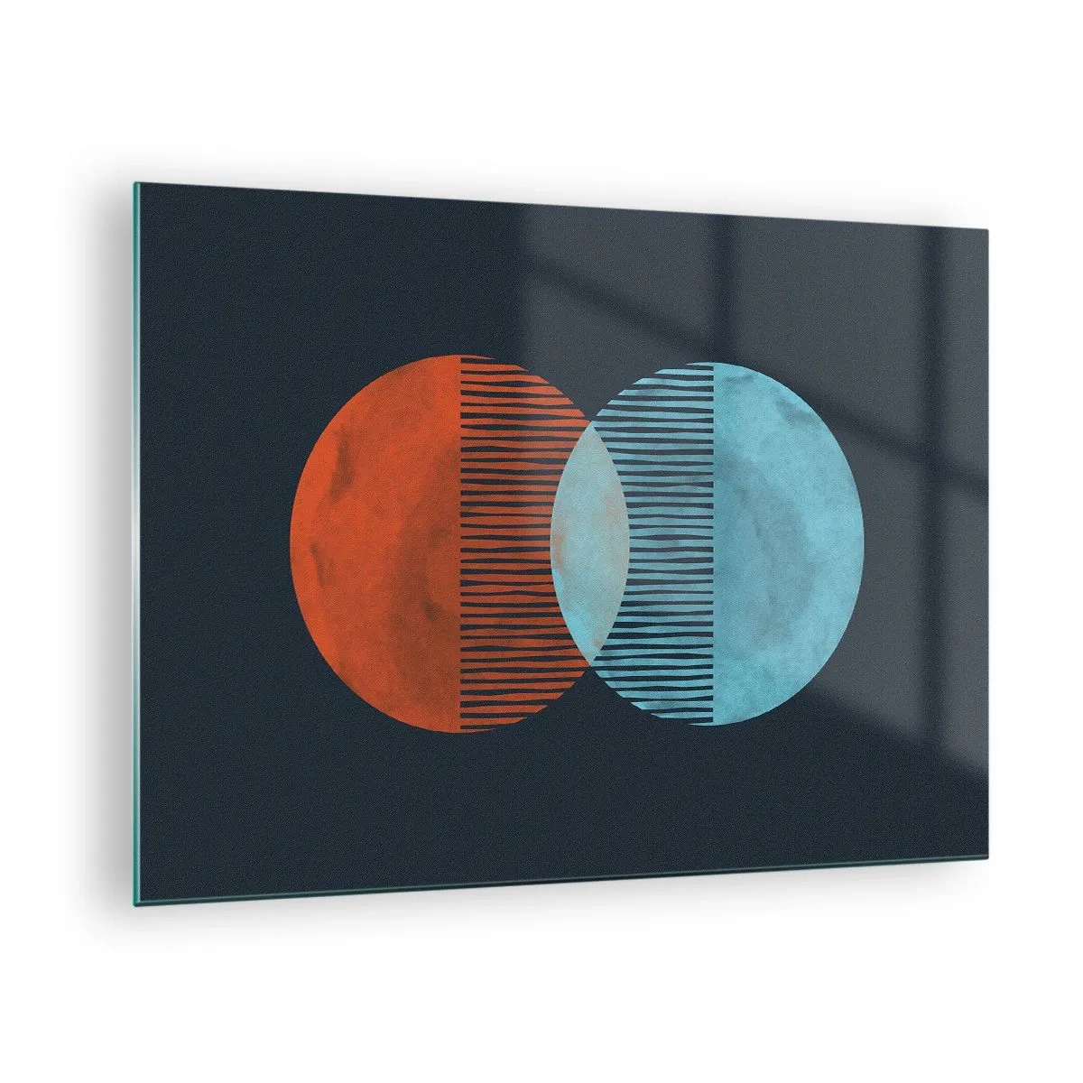Cuadro sobre vidrio - Impresiones sobre Vidrio - Dos planetas coloridos que se cruzan con un patrón geométrico. - 70x50cm - Fantasía astronómica - Decoración de pared moderna para salón y dormitorio ARTTOR