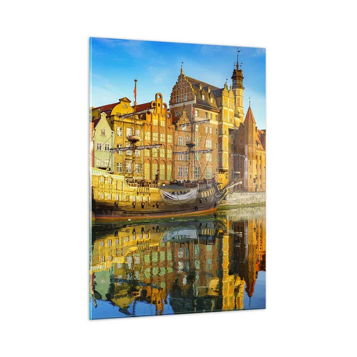 Cuadro sobre vidrio - Impresiones sobre Vidrio - El casco antiguo de Gdansk con su reflejo en el agua - 50x70cm - Un espejo del pasado - Decoración de pared moderna para salón y dormitorio ARTTOR