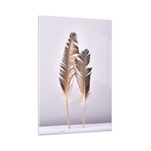 Cuadro sobre vidrio - Impresiones sobre Vidrio - Plumas delicadas sobre un fondo claro en estilo minimalista. - 80x120cm - Contra la nada - Decoración de pared moderna para salón y dormitorio ARTTOR