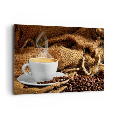 Cuadro sobre lienzo - Impresión de Imagen - Una taza de café rodeada de una bolsa de granos de café. - 120x80cm - Olor a moca y densidad del líquido meloso - Decoración de pared moderna para salón y dormitorio ARTTOR