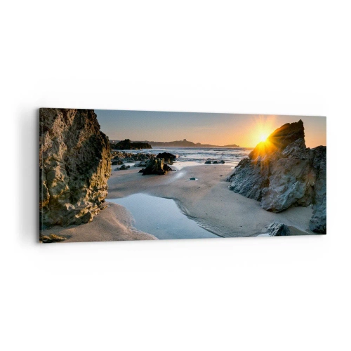 Cuadro sobre lienzo - Impresión de Imagen - Atardecer pintoresco en una playa rocosa - 120x50cm - Sin tocar por la mano del hombre - Decoración de pared moderna para salón y dormitorio ARTTOR