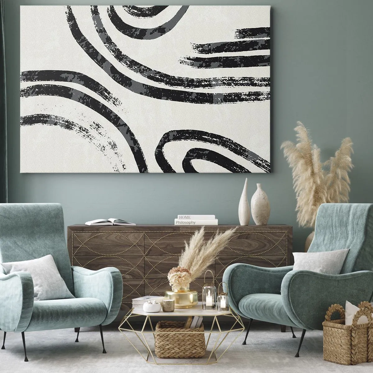 Cuadro sobre lienzo - Impresión de Imagen - Líneas abstractas en blanco y negro sobre un fondo claro - 70x50cm - A medias - Decoración de pared moderna para salón y dormitorio ARTTOR