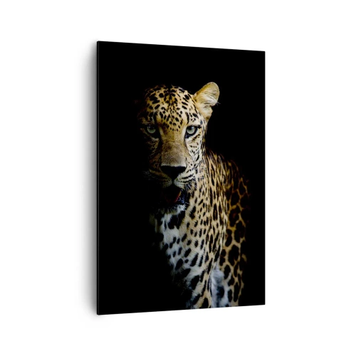 Cuadro sobre lienzo - Impresión de Imagen - Un leopardo sobre un fondo oscuro con una mirada intensa. - 70x100cm - Belleza oscura - Decoración de pared moderna para salón y dormitorio ARTTOR