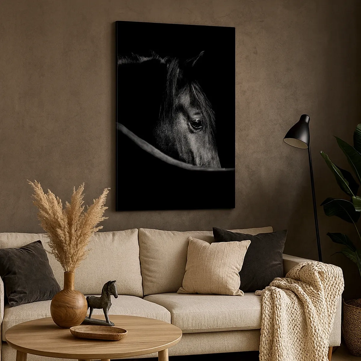 Cuadro sobre lienzo - Impresión de Imagen - Un retrato en blanco y negro de un caballo con un sutil juego de luces y sombras sobre un fondo oscuro. - 50x70cm - Príncipe negro - Decoración de pared moderna para salón y dormitorio ARTTOR