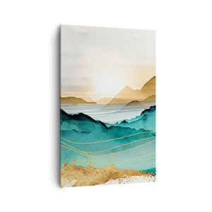 Cuadro sobre lienzo - Impresión de Imagen - Paisaje abstracto con montañas y acentos dorados. - 80x120cm - Al borde de la abstracción - paisaje - Decoración de pared moderna para salón y dormitorio ARTTOR