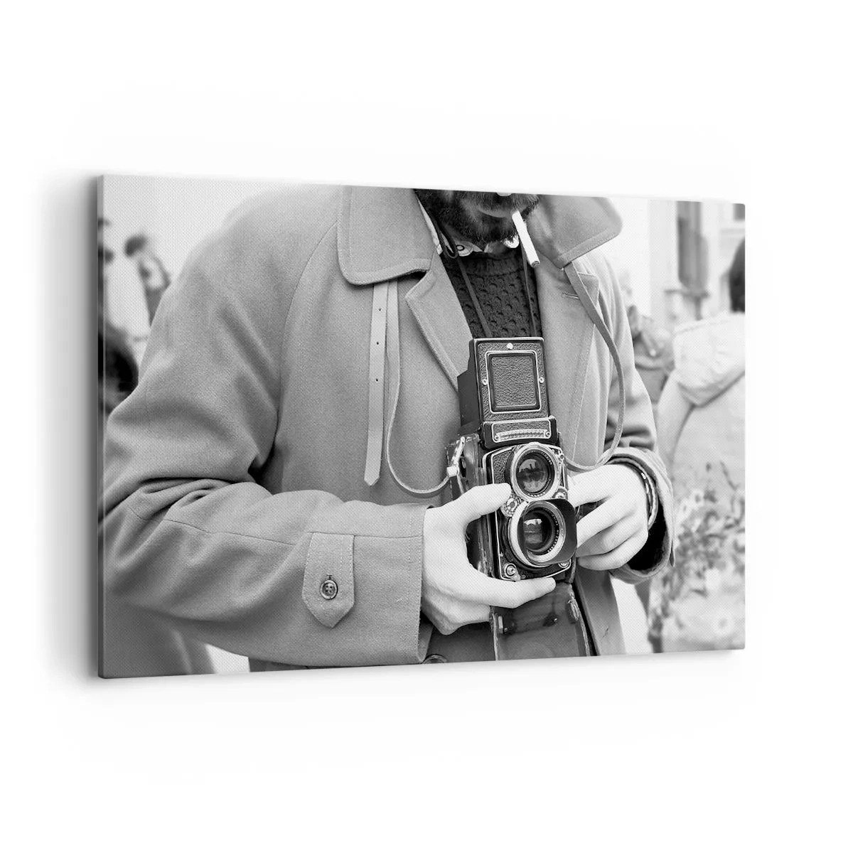 Cuadro sobre lienzo - Impresión de Imagen - Fotografía en blanco y negro de un hombre con una cámara retro. - 120x80cm - En estilo retro - Decoración de pared moderna para salón y dormitorio ARTTOR