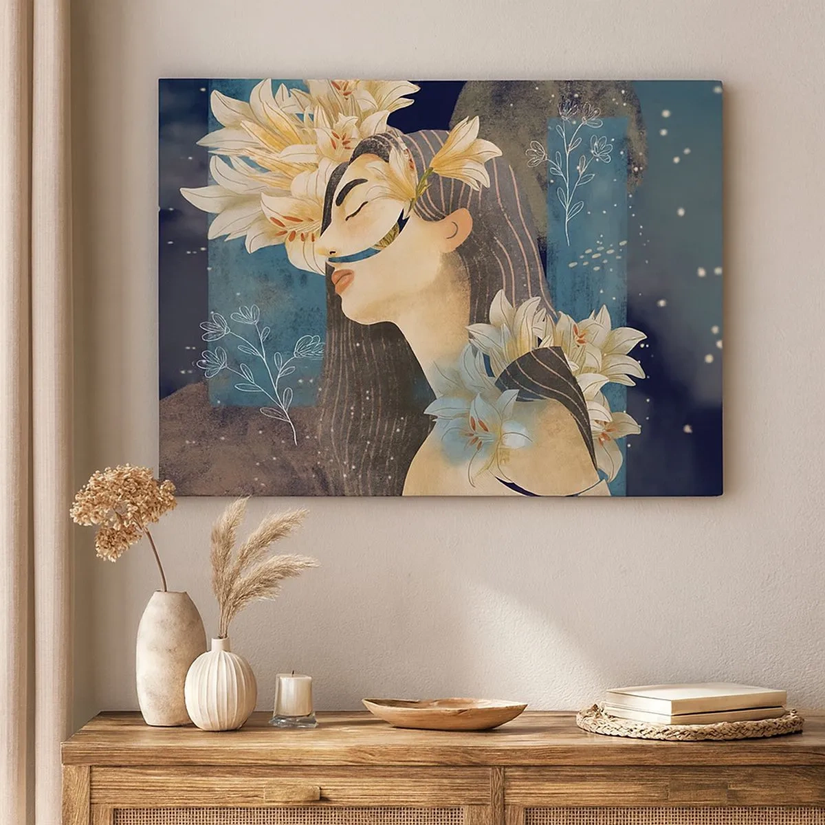 Cuadro sobre lienzo - Impresión de Imagen - Retrato de una mujer con flores en estilo artístico sobre un fondo oscuro. - 70x50cm - Cuento de princesa con lirios - Decoración de pared moderna para salón y dormitorio ARTTOR