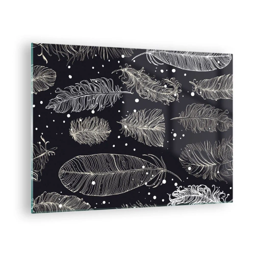 Cuadro sobre vidrio - Impresiones sobre Vidrio - Plumas blancas sobre fondo negro con detalles sutiles. - 70x50cm - Encaje de plumas - Decoración de pared moderna para salón y dormitorio ARTTOR