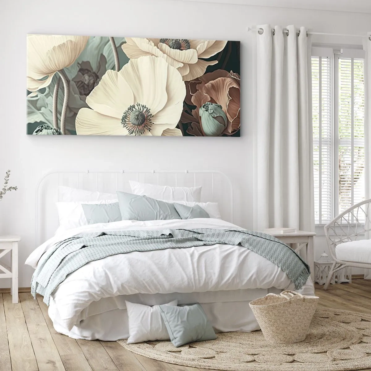 Cuadro sobre lienzo - Impresión de Imagen - Elegantes flores en tonos pastel sobre un fondo verde. - 160x50cm - Susurro de amapolas - Decoración de pared moderna para salón y dormitorio ARTTOR