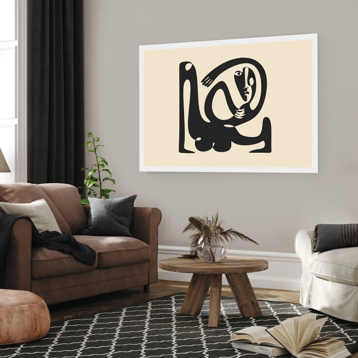 Póster - Una figura abstracta en negro sobre un fondo beige. - 100x70cm - Casi Picasso - Decoración de pared moderna para salón y dormitorio ARTTOR