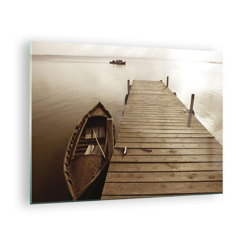 Cuadro sobre vidrio - Impresiones sobre Vidrio - Un barco en un muelle en un lago tranquilo en sepia. - 70x50cm - La auténtica paz - Decoración de pared moderna para salón y dormitorio ARTTOR
