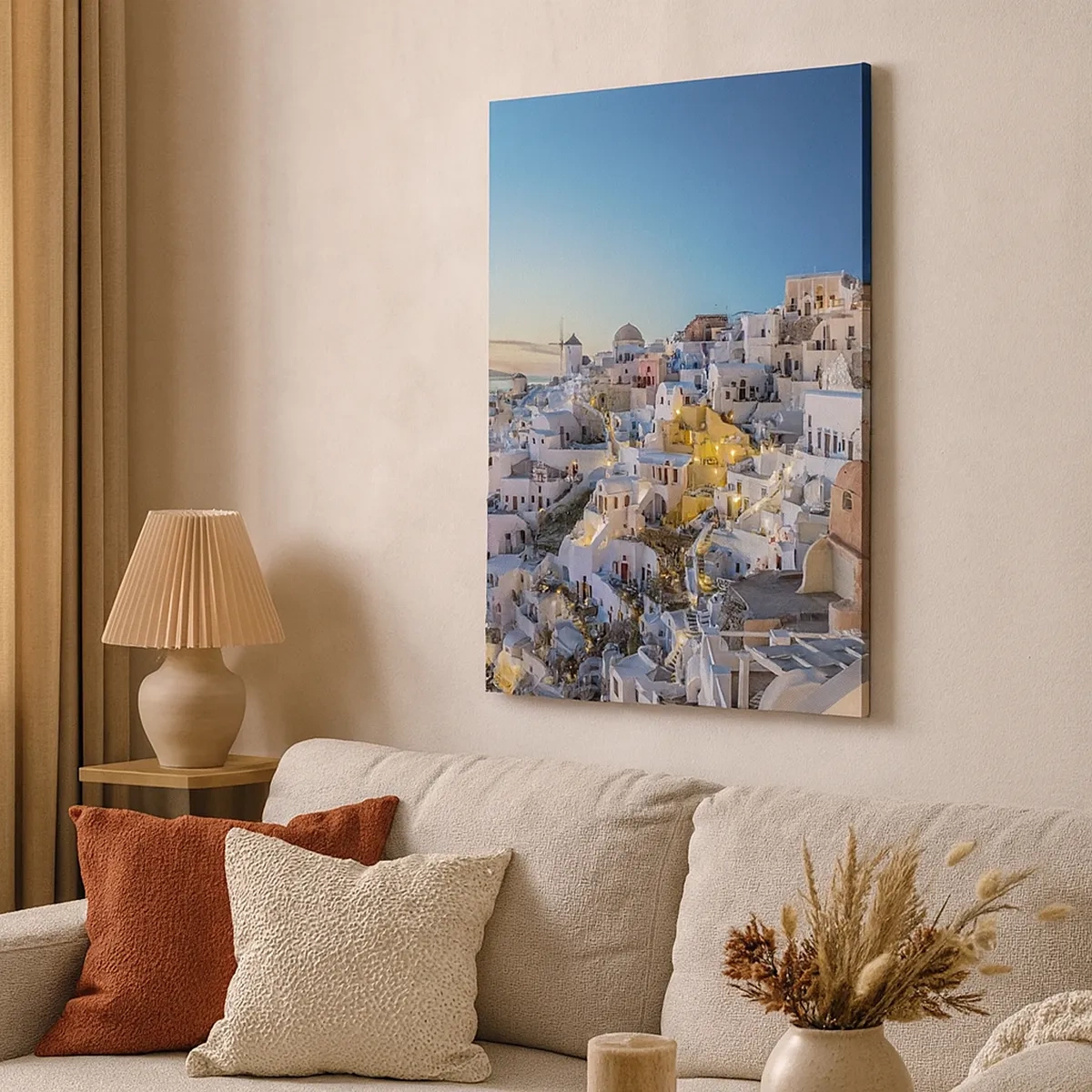 Cuadro sobre lienzo - Impresión de Imagen - Vista de una ciudad griega al atardecer - 50x70cm - La esencia de lo griego - Decoración de pared moderna para salón y dormitorio ARTTOR