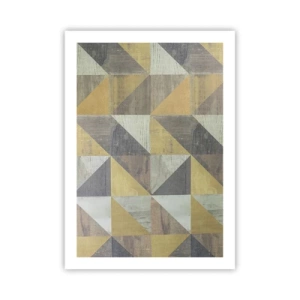Póster - Patrón geométrico en tonos dorados y grises. - 50x70cm - El arte de los triángulos - Decoración de pared moderna para salón y dormitorio ARTTOR