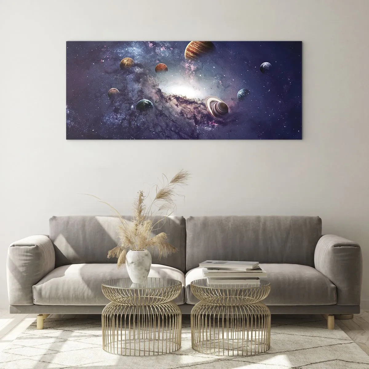 Cuadro sobre vidrio - Impresiones sobre Vidrio - Planetas en una galaxia con una nebulosa al fondo - 160x50cm - La danza alrededor del Sol - Decoración de pared moderna para salón y dormitorio ARTTOR