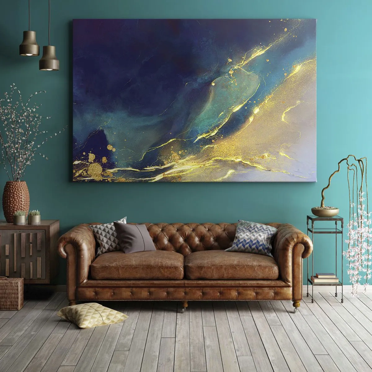 Cuadro sobre lienzo - Impresión de Imagen - Composición abstracta en tonos azules y dorados sobre lienzo. - 70x50cm - Inundación dorada - Decoración de pared moderna para salón y dormitorio ARTTOR