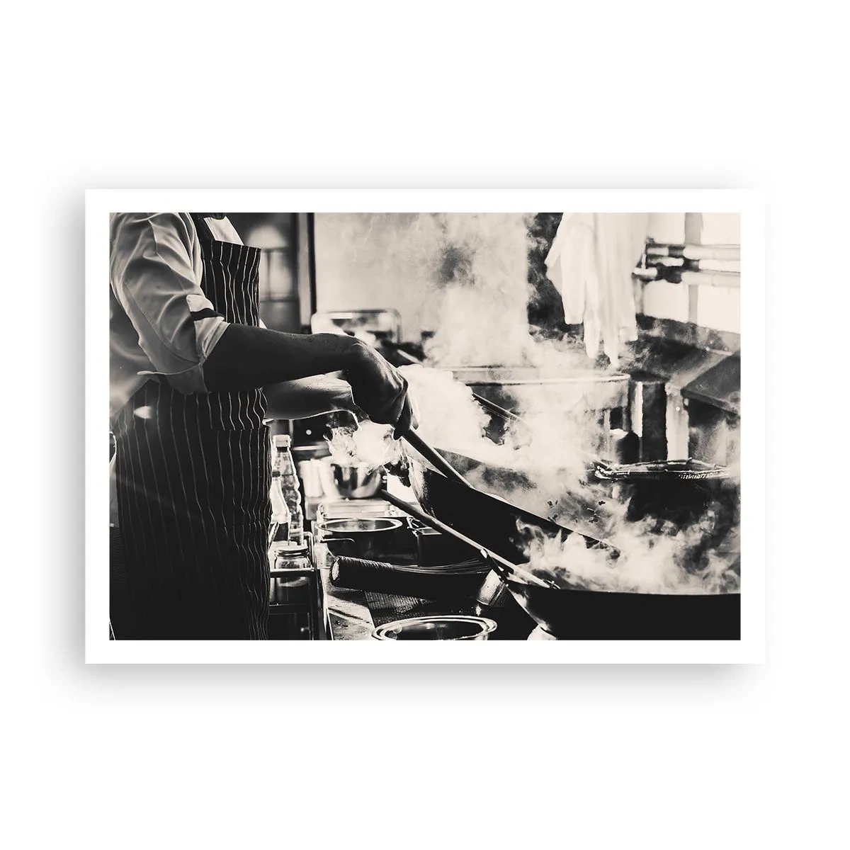 Póster - Un chef trabajando en la cocina con vapor saliendo de una sartén. - 100x70cm - Alquimia de sabores - Decoración de pared moderna para salón y dormitorio ARTTOR