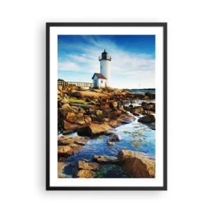 Póster en marco negro - Un faro en una costa rocosa en un día soleado. - 50x70cm - Esperando vuestro regreso - Decoración de pared moderna para salón y dormitorio ARTTOR