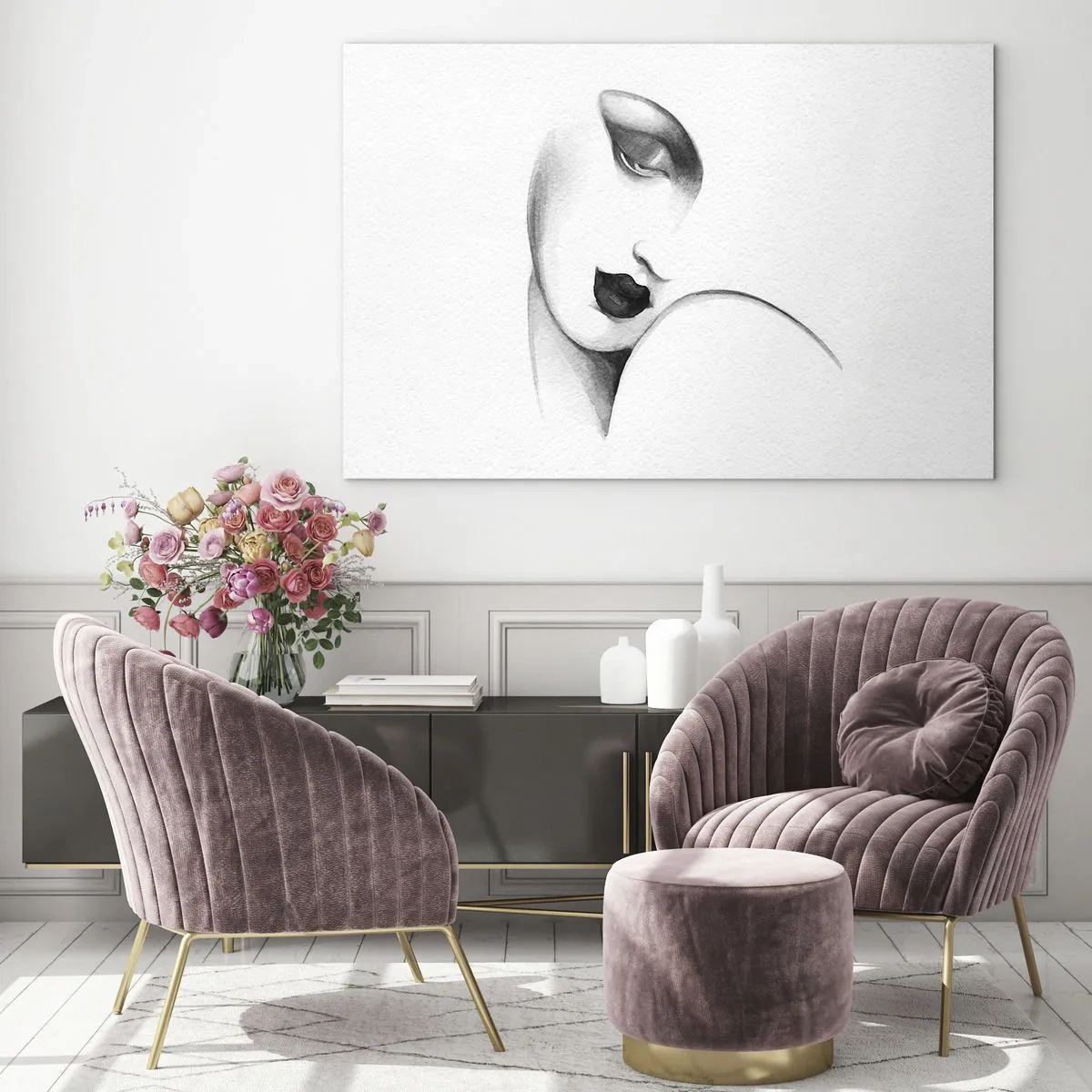 Cuadro sobre vidrio - Impresiones sobre Vidrio - Boceto Art Déco de un rostro de mujer en blanco y negro - 70x50cm - Pensativa - Decoración de pared moderna para salón y dormitorio ARTTOR