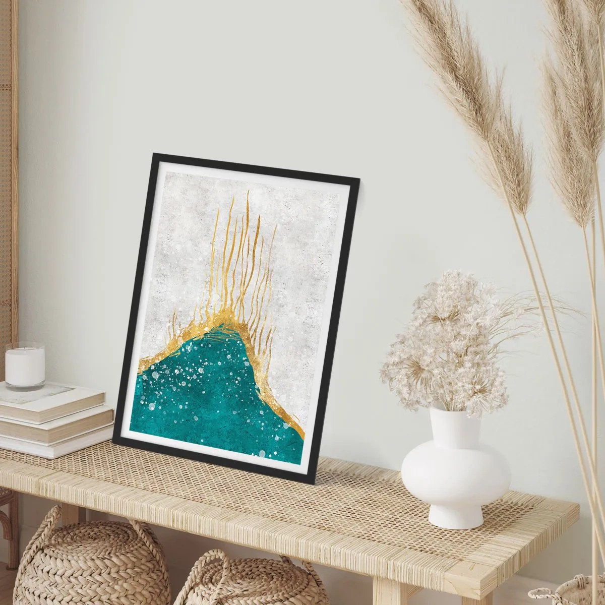 Póster en marco negro - Composición abstracta de oro y azul - 50x70cm - Marea dorada - Decoración de pared moderna para salón y dormitorio ARTTOR