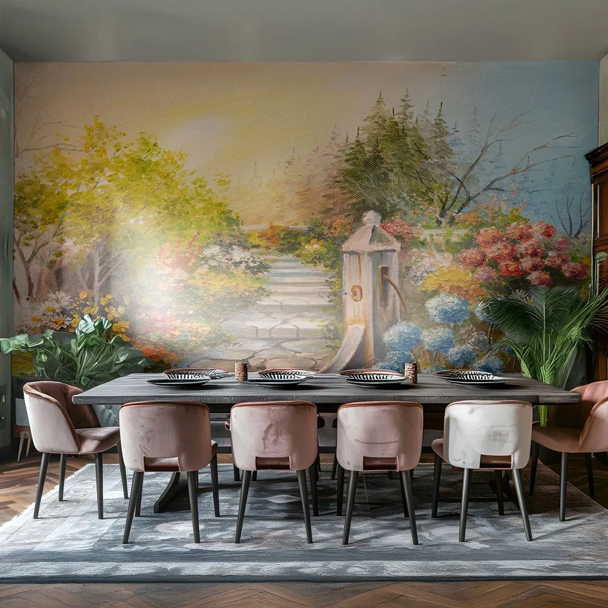 Fotomural Standard Eco - Un encantador jardín con un camino de piedra y una antigua bomba de agua. - 100x70cm - En plena floración - Decoración de pared moderna para salón y dormitorio ARTTOR