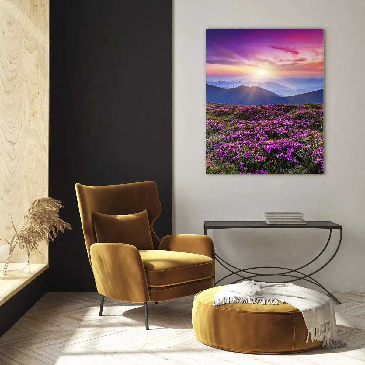Cuadro sobre vidrio - Impresiones sobre Vidrio - Paisaje de montaña con brezal al atardecer - 50x70cm - Dulce aroma a frescura - Decoración de pared moderna para salón y dormitorio ARTTOR