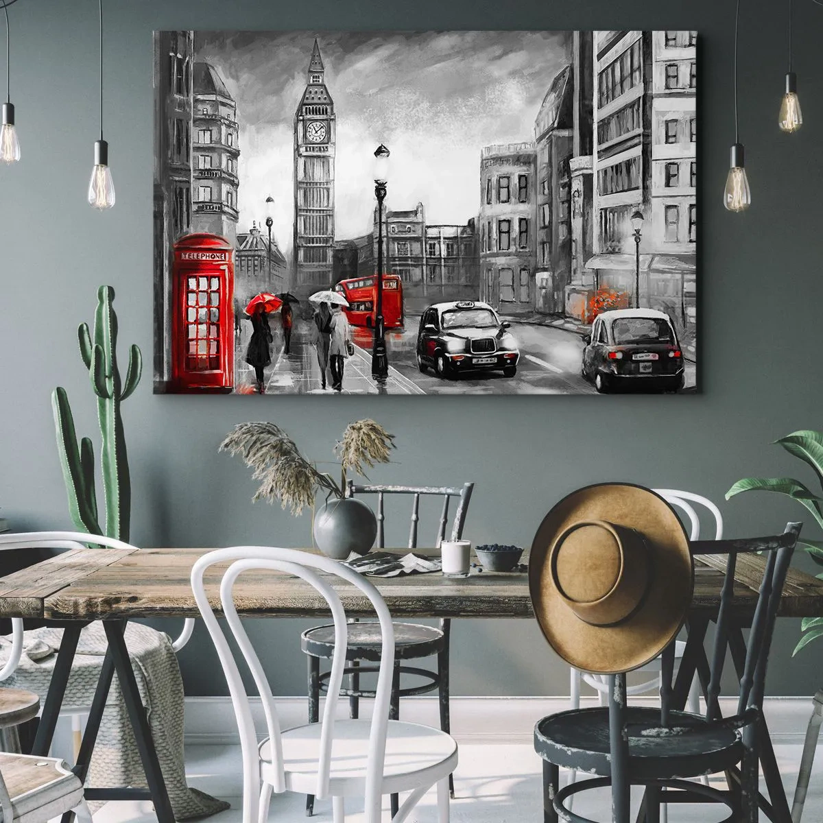 Cuadro sobre lienzo - Impresión de Imagen - Una escena de Londres en blanco y negro con acentos rojos. - 70x50cm - No tan gris como la pintan - Decoración de pared moderna para salón y dormitorio ARTTOR