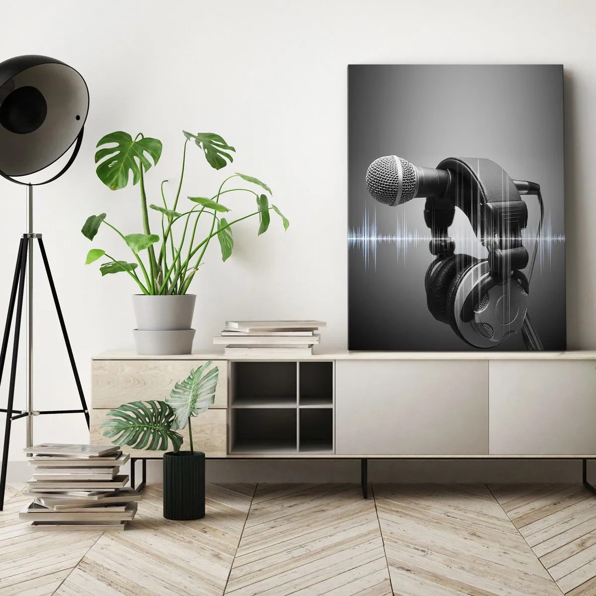 Cuadro sobre lienzo - Impresión de Imagen - Micrófono y auriculares con visualización de ondas sonoras de fondo. - 50x70cm - Todavía se puede escuchar el canto - Decoración de pared moderna para salón y dormitorio ARTTOR