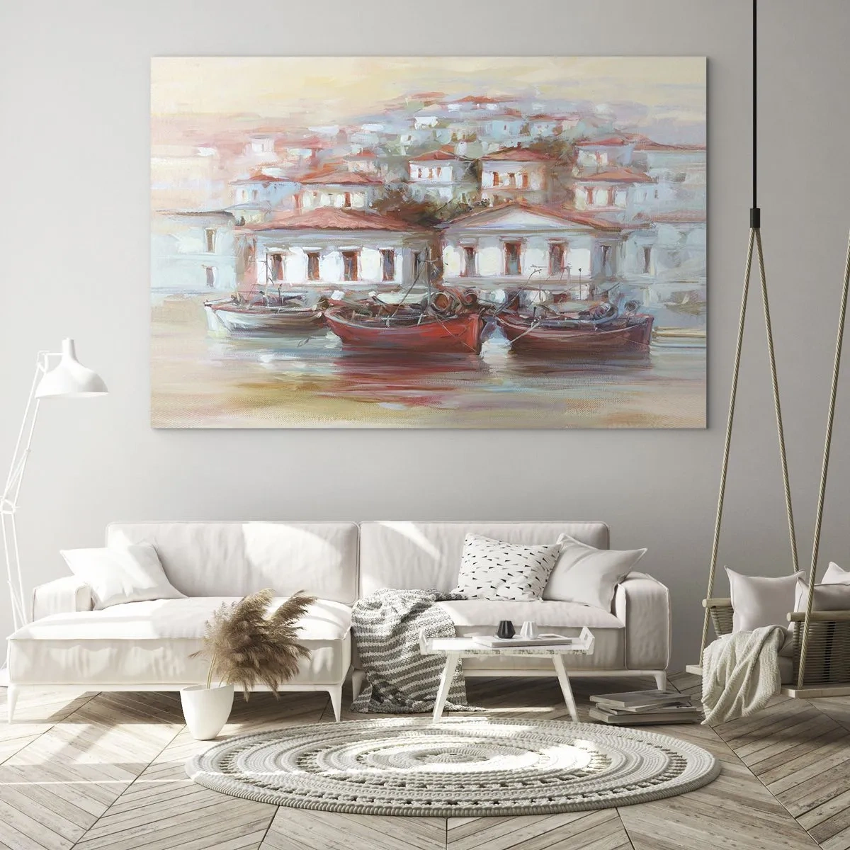 Cuadro sobre vidrio - Impresiones sobre Vidrio - Un pueblo pintoresco con barcos en el puerto al atardecer. - 70x50cm - Ciudad feliz - Decoración de pared moderna para salón y dormitorio ARTTOR