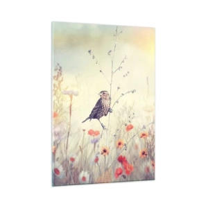 Cuadro sobre vidrio - Impresiones sobre Vidrio - Un pájaro en un prado florido bajo el sol. - 50x70cm - Retrato de pájaro con prado de fondo - Decoración de pared moderna para salón y dormitorio ARTTOR