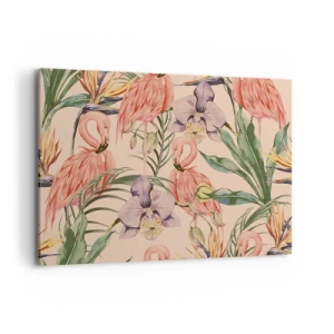 Cuadro sobre lienzo - Impresión de Imagen - Flamencos y flores tropicales sobre un fondo claro. - 120x80cm - Un ballet rosa en flores - Decoración de pared moderna para salón y dormitorio ARTTOR