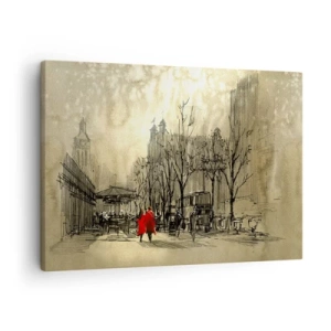 Cuadro sobre lienzo - Impresión de Imagen - Una figura roja en un entorno urbano nostálgico - 70x50cm - Cita en la niebla de Londres  - Decoración de pared moderna para salón y dormitorio ARTTOR