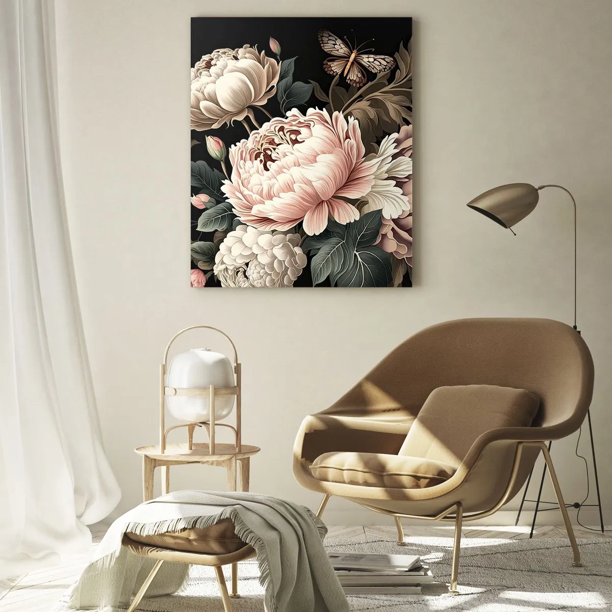 Cuadro sobre vidrio - Impresiones sobre Vidrio - Un ramo de flores rosas y mariposas sobre un fondo negro. - 80x120cm - En estilo barroco - Decoración de pared moderna para salón y dormitorio ARTTOR
