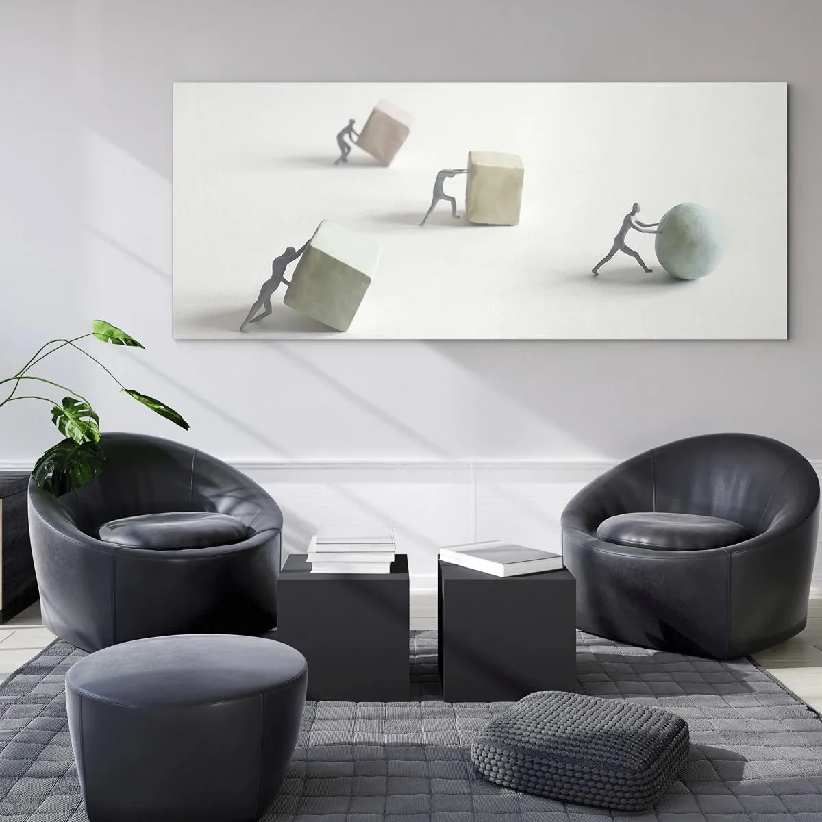 Cuadro sobre vidrio - Impresiones sobre Vidrio - Figuras en miniatura que empujan formas contra un fondo claro. - 160x50cm - El avance de la geometría - Decoración de pared moderna para salón y dormitorio ARTTOR