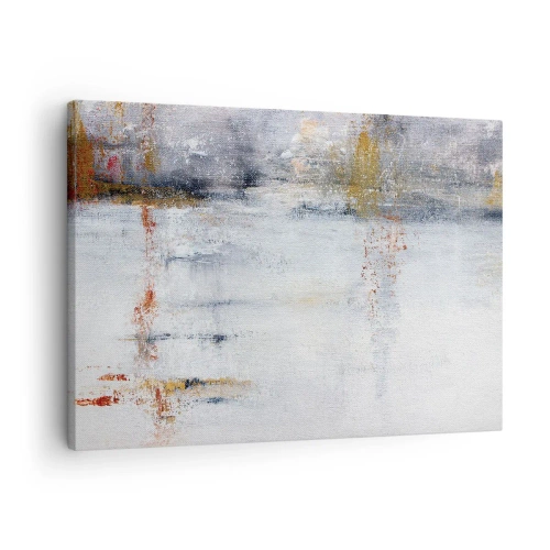 Cuadro sobre lienzo - Impresión de Imagen - Un paisaje abstracto con acentos borrosos de gris y dorado. - 70x50cm - Tras una cortina de aire - Decoración de pared moderna para salón y dormitorio ARTTOR