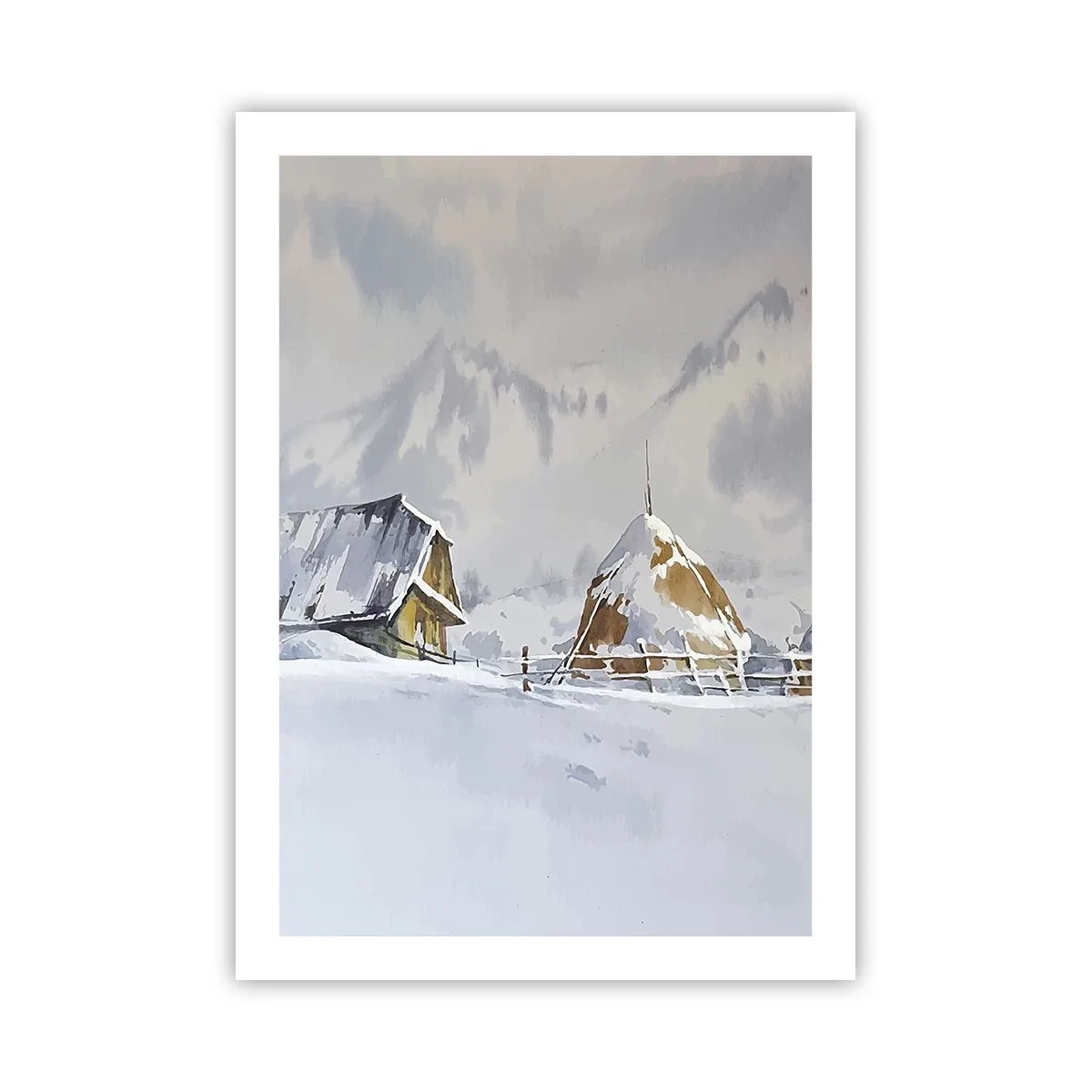 Póster - Paisaje invernal con una cabaña y un pajar en las montañas - 50x70cm - En un valle nevado - Decoración de pared moderna para salón y dormitorio ARTTOR