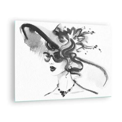 Cuadro sobre vidrio - Impresiones sobre Vidrio - Retrato en blanco y negro de una mujer con sombrero. - 70x50cm - Una dama con carácter - Decoración de pared moderna para salón y dormitorio ARTTOR