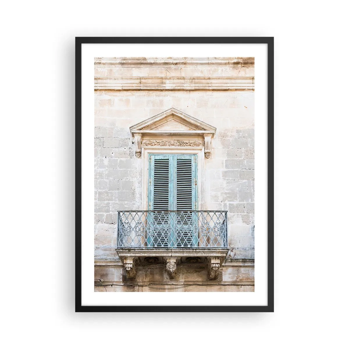 Póster en marco negro - Balcón histórico con contraventanas azules de estilo mediterráneo - 50x70cm - El encanto único de Italia - Decoración de pared moderna para salón y dormitorio ARTTOR