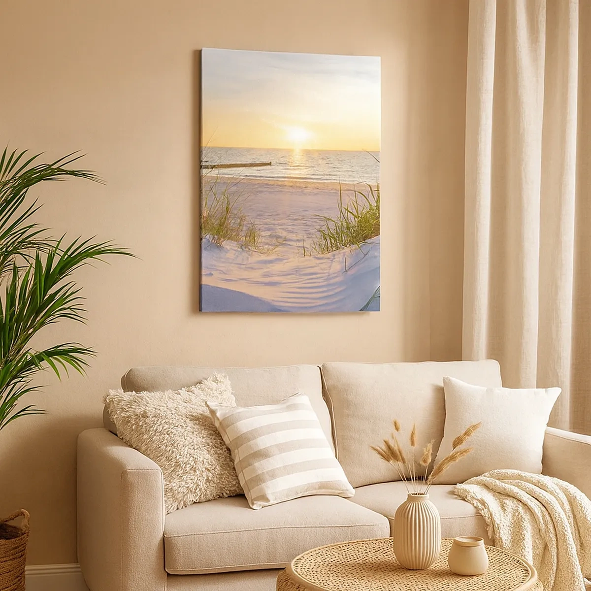 Cuadro sobre lienzo - Impresión de Imagen - Una playa de arena con vistas a la puesta de sol sobre el mar. - 50x70cm - El sonido del mar, el canto de los pájaros, una playa virgen entre las dunas... - Decoración de pared moderna para salón y dormitorio AR